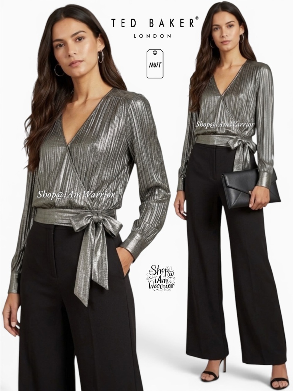 Ted Baker NWT crinkle metallic shimmer long sleeve wrap blouse  *Shop@iAmwarrior